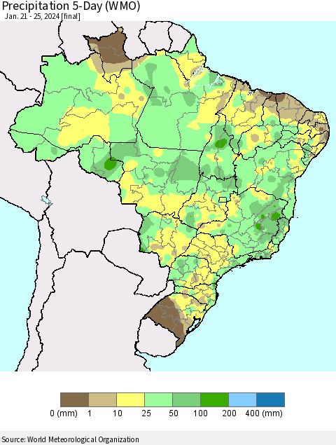 Brazil Precipitation 5-Day (WMO) Thematic Map For 1/21/2024 - 1/25/2024