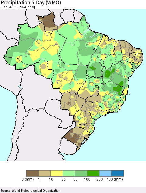 Brazil Precipitation 5-Day (WMO) Thematic Map For 1/26/2024 - 1/31/2024