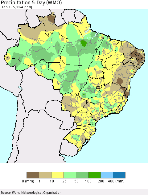 Brazil Precipitation 5-Day (WMO) Thematic Map For 2/1/2024 - 2/5/2024