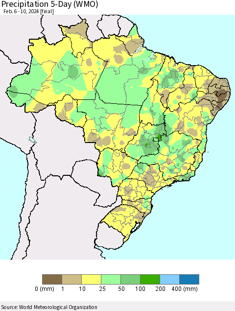 Brazil Precipitation 5-Day (WMO) Thematic Map For 2/6/2024 - 2/10/2024
