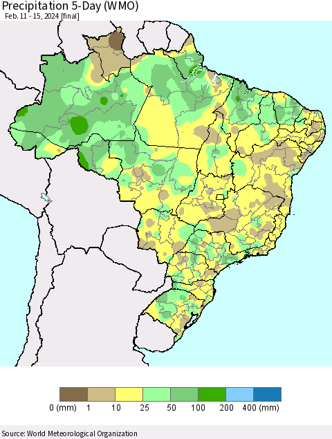 Brazil Precipitation 5-Day (WMO) Thematic Map For 2/11/2024 - 2/15/2024