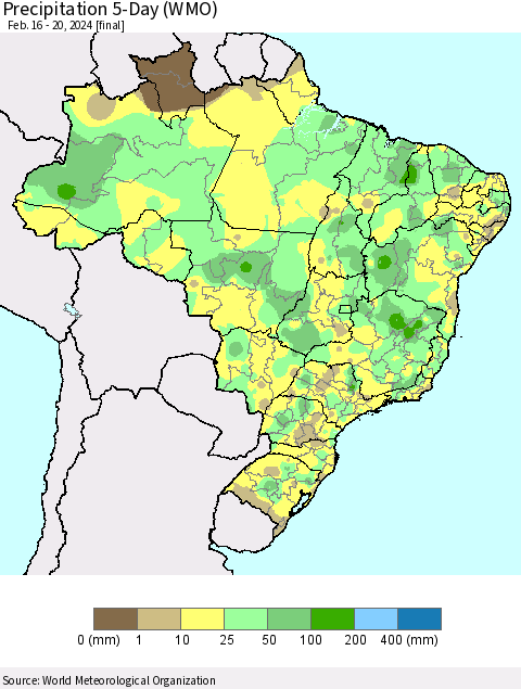 Brazil Precipitation 5-Day (WMO) Thematic Map For 2/16/2024 - 2/20/2024