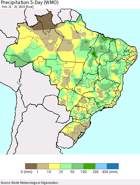 Brazil Precipitation 5-Day (WMO) Thematic Map For 2/21/2024 - 2/25/2024
