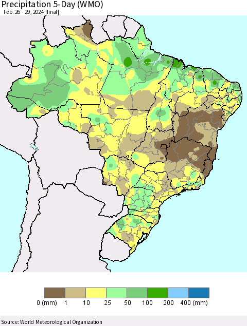 Brazil Precipitation 5-Day (WMO) Thematic Map For 2/26/2024 - 2/29/2024