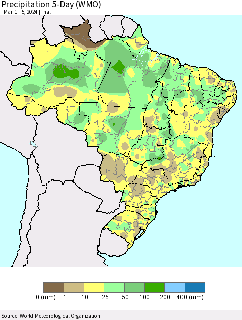 Brazil Precipitation 5-Day (WMO) Thematic Map For 3/1/2024 - 3/5/2024