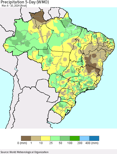 Brazil Precipitation 5-Day (WMO) Thematic Map For 3/6/2024 - 3/10/2024