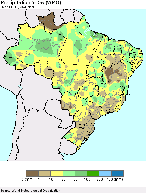 Brazil Precipitation 5-Day (WMO) Thematic Map For 3/11/2024 - 3/15/2024