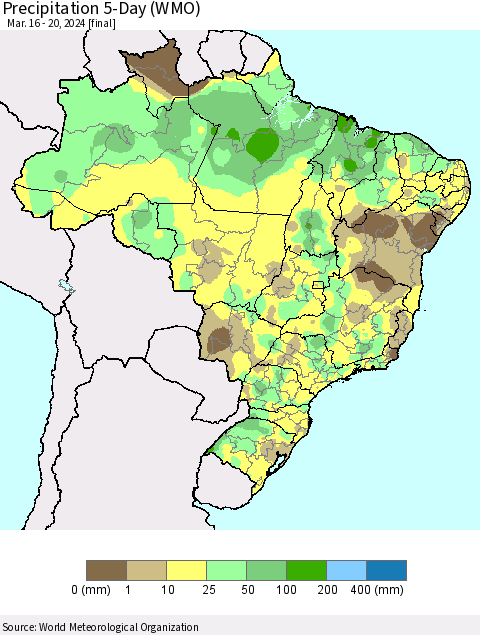 Brazil Precipitation 5-Day (WMO) Thematic Map For 3/16/2024 - 3/20/2024