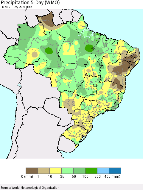 Brazil Precipitation 5-Day (WMO) Thematic Map For 3/21/2024 - 3/25/2024
