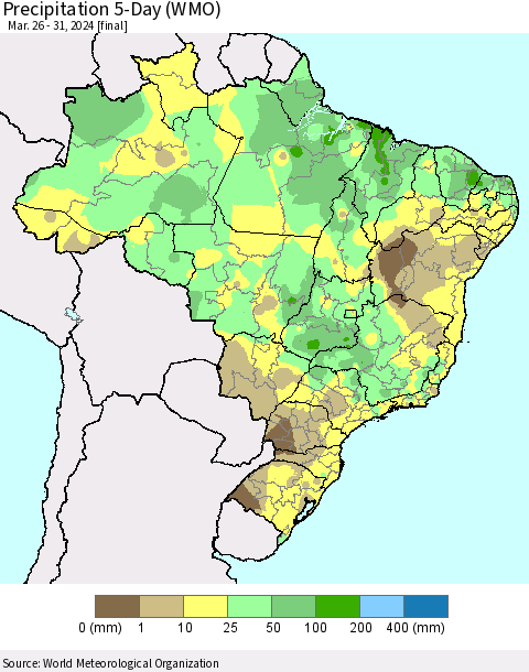 Brazil Precipitation 5-Day (WMO) Thematic Map For 3/26/2024 - 3/31/2024