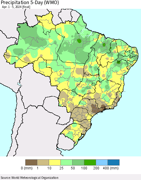 Brazil Precipitation 5-Day (WMO) Thematic Map For 4/1/2024 - 4/5/2024