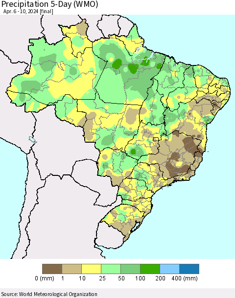 Brazil Precipitation 5-Day (WMO) Thematic Map For 4/6/2024 - 4/10/2024
