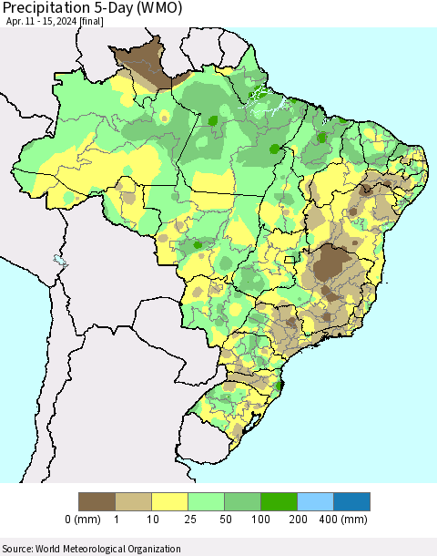 Brazil Precipitation 5-Day (WMO) Thematic Map For 4/11/2024 - 4/15/2024