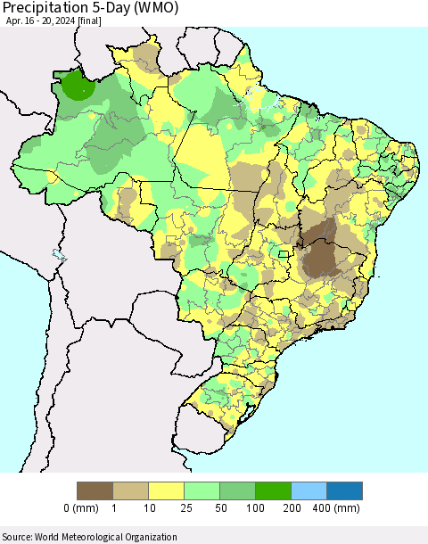 Brazil Precipitation 5-Day (WMO) Thematic Map For 4/16/2024 - 4/20/2024