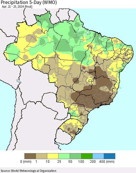 Brazil Precipitation 5-Day (WMO) Thematic Map For 4/21/2024 - 4/25/2024