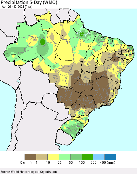 Brazil Precipitation 5-Day (WMO) Thematic Map For 4/26/2024 - 4/30/2024