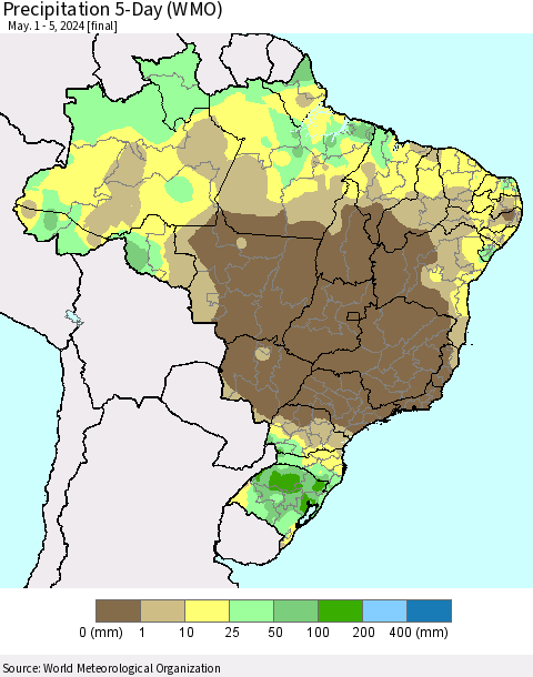 Brazil Precipitation 5-Day (WMO) Thematic Map For 5/1/2024 - 5/5/2024