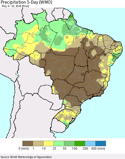 Brazil Precipitation 5-Day (WMO) Thematic Map For 5/6/2024 - 5/10/2024