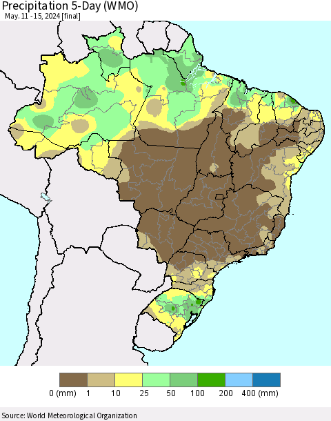 Brazil Precipitation 5-Day (WMO) Thematic Map For 5/11/2024 - 5/15/2024