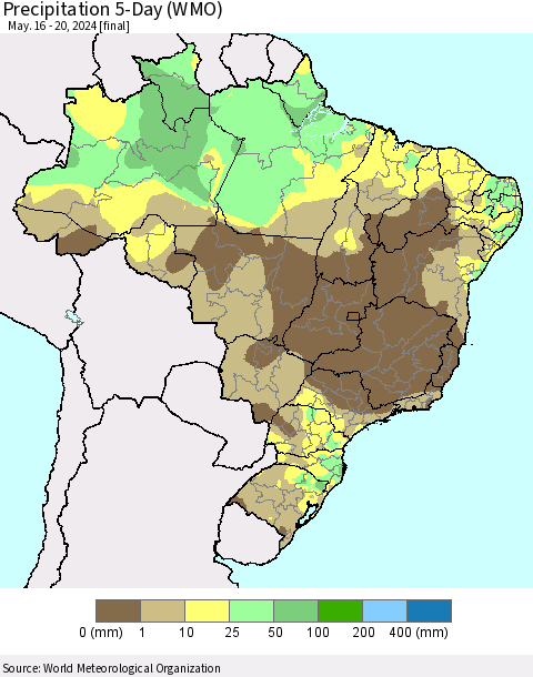 Brazil Precipitation 5-Day (WMO) Thematic Map For 5/16/2024 - 5/20/2024