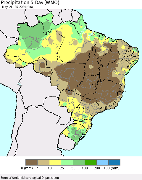 Brazil Precipitation 5-Day (WMO) Thematic Map For 5/21/2024 - 5/25/2024