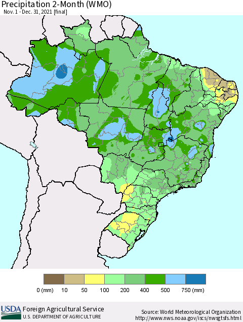 Brazil Precipitation 2-Month (WMO) Thematic Map For 11/1/2021 - 12/31/2021