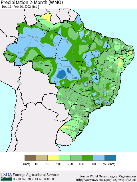 Brazil Precipitation 2-Month (WMO) Thematic Map For 12/11/2021 - 2/10/2022