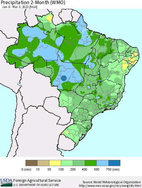 Brazil Precipitation 2-Month (WMO) Thematic Map For 1/6/2022 - 3/5/2022