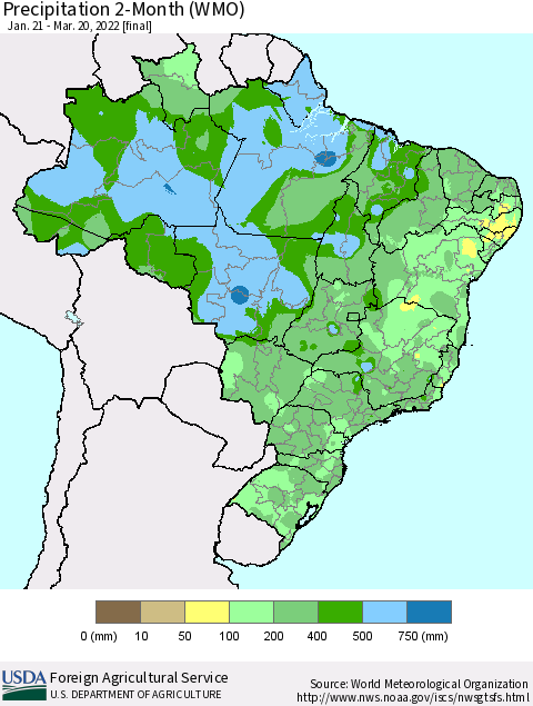 Brazil Precipitation 2-Month (WMO) Thematic Map For 1/21/2022 - 3/20/2022