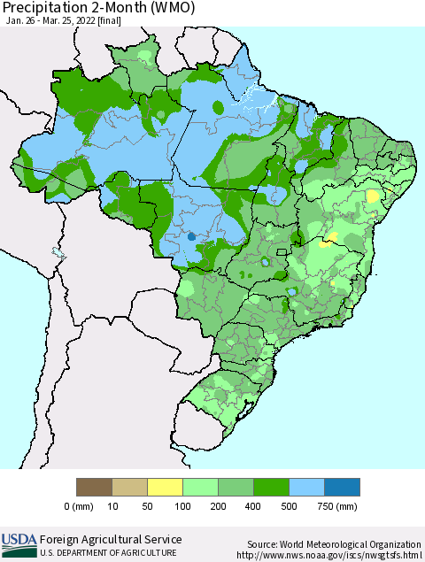 Brazil Precipitation 2-Month (WMO) Thematic Map For 1/26/2022 - 3/25/2022