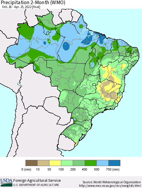Brazil Precipitation 2-Month (WMO) Thematic Map For 2/26/2022 - 4/25/2022