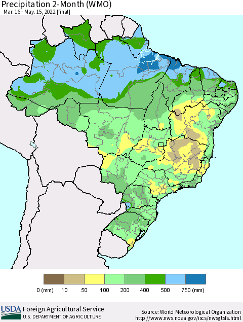 Brazil Precipitation 2-Month (WMO) Thematic Map For 3/16/2022 - 5/15/2022