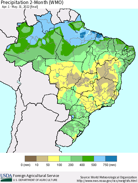 Brazil Precipitation 2-Month (WMO) Thematic Map For 4/1/2022 - 5/31/2022
