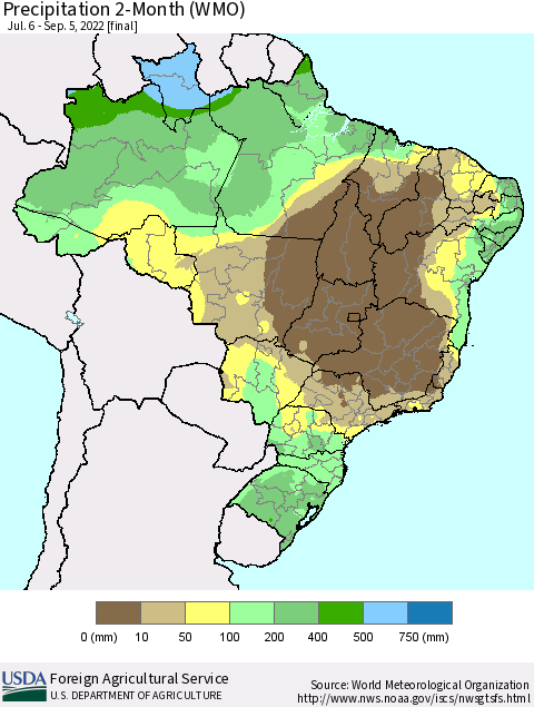Brazil Precipitation 2-Month (WMO) Thematic Map For 7/6/2022 - 9/5/2022