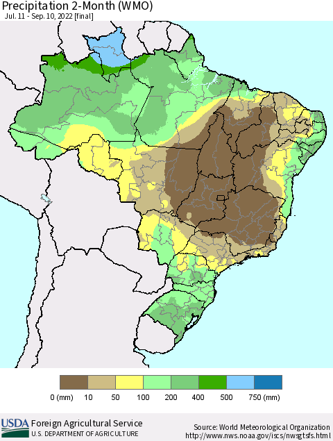 Brazil Precipitation 2-Month (WMO) Thematic Map For 7/11/2022 - 9/10/2022