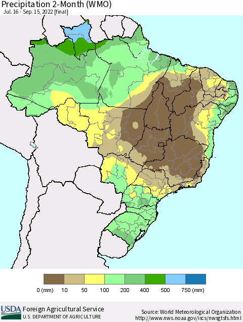 Brazil Precipitation 2-Month (WMO) Thematic Map For 7/16/2022 - 9/15/2022