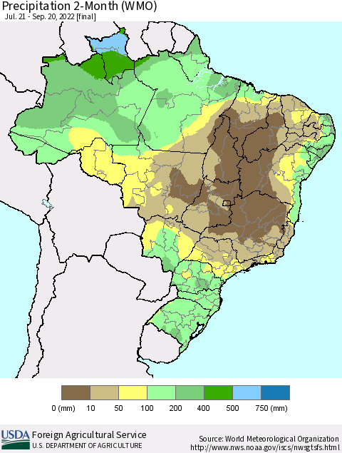 Brazil Precipitation 2-Month (WMO) Thematic Map For 7/21/2022 - 9/20/2022