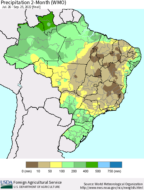 Brazil Precipitation 2-Month (WMO) Thematic Map For 7/26/2022 - 9/25/2022