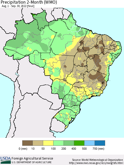 Brazil Precipitation 2-Month (WMO) Thematic Map For 8/1/2022 - 9/30/2022
