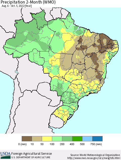 Brazil Precipitation 2-Month (WMO) Thematic Map For 8/6/2022 - 10/5/2022