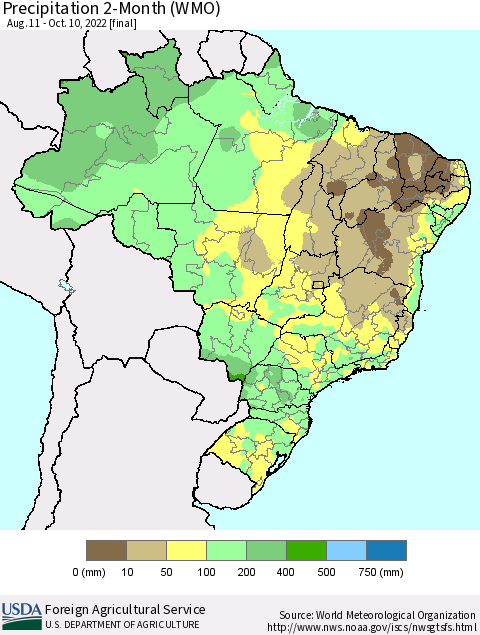 Brazil Precipitation 2-Month (WMO) Thematic Map For 8/11/2022 - 10/10/2022