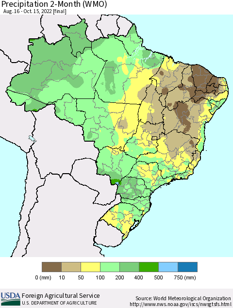 Brazil Precipitation 2-Month (WMO) Thematic Map For 8/16/2022 - 10/15/2022