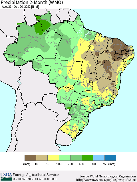 Brazil Precipitation 2-Month (WMO) Thematic Map For 8/21/2022 - 10/20/2022
