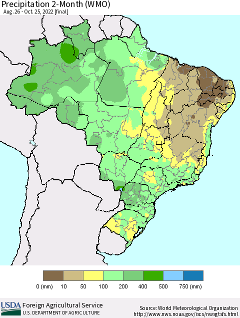 Brazil Precipitation 2-Month (WMO) Thematic Map For 8/26/2022 - 10/25/2022