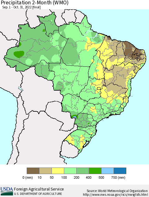 Brazil Precipitation 2-Month (WMO) Thematic Map For 9/1/2022 - 10/31/2022