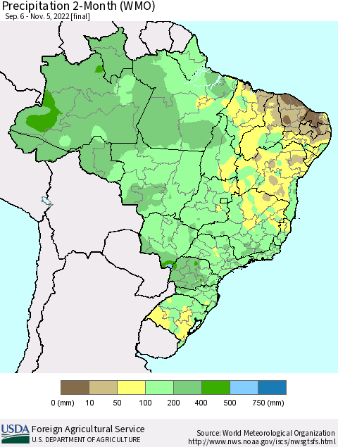 Brazil Precipitation 2-Month (WMO) Thematic Map For 9/6/2022 - 11/5/2022
