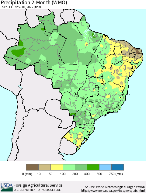 Brazil Precipitation 2-Month (WMO) Thematic Map For 9/11/2022 - 11/10/2022