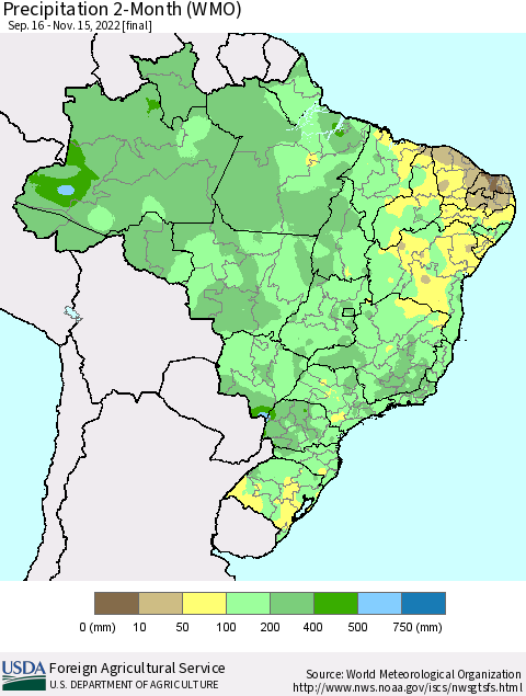 Brazil Precipitation 2-Month (WMO) Thematic Map For 9/16/2022 - 11/15/2022