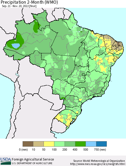 Brazil Precipitation 2-Month (WMO) Thematic Map For 9/21/2022 - 11/20/2022
