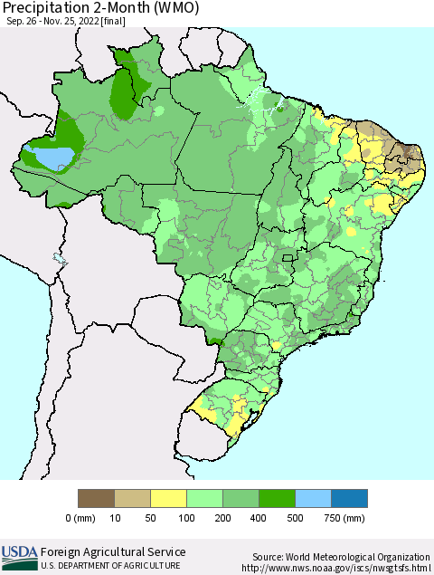 Brazil Precipitation 2-Month (WMO) Thematic Map For 9/26/2022 - 11/25/2022